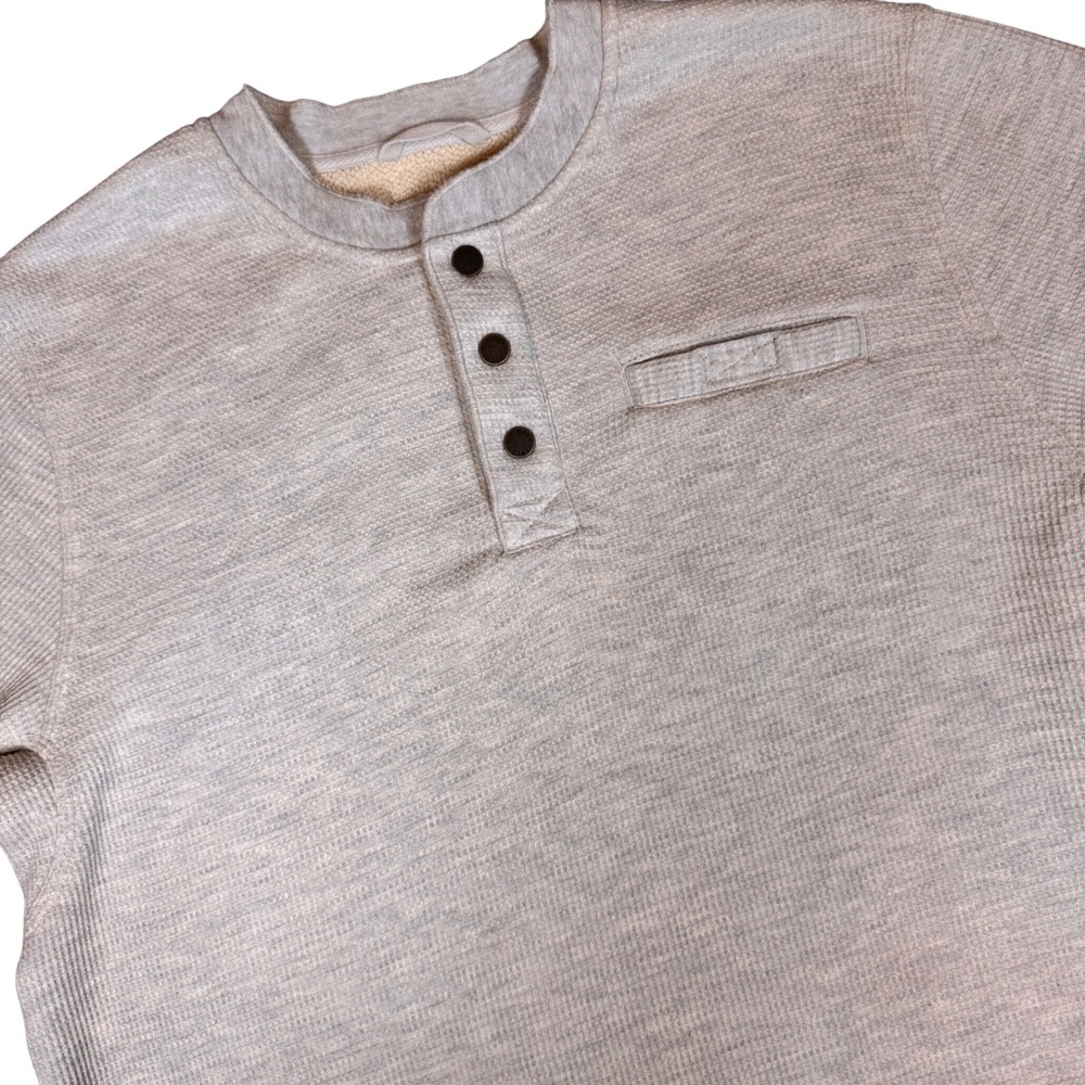 LL Bean Sherpa Lined Waffle Knit Henley Shirt Men L Light Gray Heathered